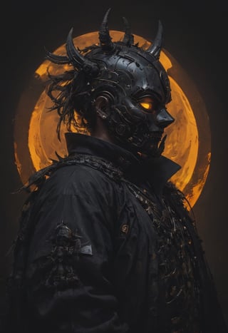 closeup, Lenticular, DARK, Low Angle View,. a hkstyle man with rotten horned Guy fawkes oni mask and a outworn detailed old high collar cyberpunk Samurai jacket, translucent amber Horns, one top Hairbun, glowing hair, Large linen cape ,surrounded by a detailed monochrome spacescape with translucent dark-amber Highlights, hyper-detailed, sharp, high resolution, high quality, 32K, Ultra realistic, HD, super detailed, line art, abstract style
,vntblk,black