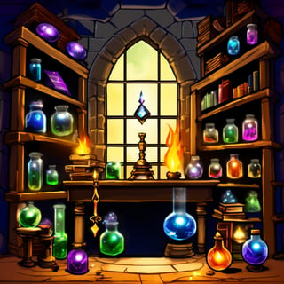 masterpiece,best quality,more detail XL,warlock laboratory,alchemical equipment,bookshelf,jars,books,wand,magical items,desktop,notes,ink and quill,gems,geodes,cages,torch,dungeon,stairs,glowing gem,