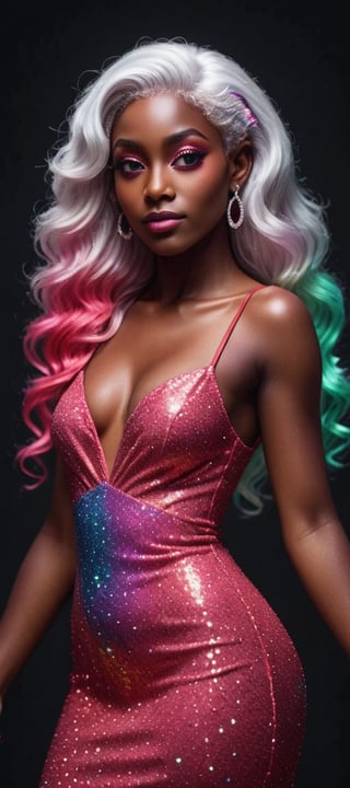 perspective,contained color,APEX colourful,glitter,shiny,dark skinned woman,wearing red dress,white hair,pink extension,multicolored fingernails,pretty glittery dress.hd,8k