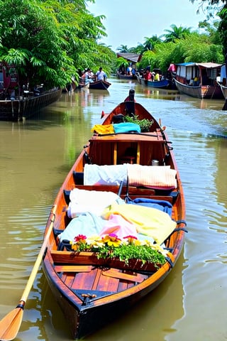 A serene scene unfolds along a winding muddy river in Thailand's bustling market. A rustic riverboat glides effortlessly downstream, its wooden hull adorned with colorful textiles and vibrant flowers. Amidst the lush greenery, numerous peddlers expertly paddle their canoes alongside the boat, offering an array of goods to the passengers and other passing vessels.