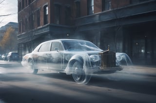Best quality,  HD, 8K ,ghost car ,  etheral car, the restless spirit of unable to return to car heaven, translunscent, half invicible,photo of a transparent ghost car