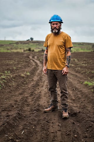 A rugged gold miner stands amidst the dusty Outback landscape, his weathered face adorned with a thick beard and tattoos. He wears a faded yellow t-shirt and a blue security helm, a symbol of his occupation. A leaky pump lies at his feet, a testament to his struggles. Panic etched on his face, he surveys the desolate terrain, searching for a glimmer of hope in the small town of Clondyke.