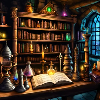 masterpiece,best quality,more detail XL,Mad wizard lab,oratory,alchemical equipment,bookshelf,jars,books,staff,magical items,desktop,notes,ink and quill,gems,geodes,cages,torch,dungeon,stairs,