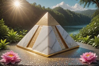 contained color,APEX colourful,glitter,shiny,pristine pyramid,coated with white marble,Golden top,glistening in the sun,reflective beam, surrouned by dense vegitation and fresh rivers, a beautiful antediluvian day,