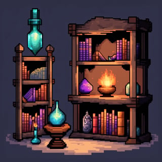 masterpiece,best quality,more detail XL,warlock laboratory,alchemical equipment,bookshelf,jars,books,wand,magical items,desktop,notes,ink and quill,gems,geodes,cages,torch,dungeon,stairs,glowing gem,pixel style