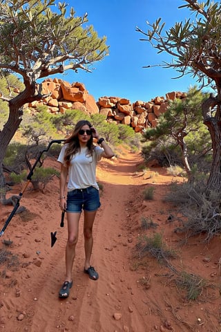 A sun-kissed Australian landscape, 'The Bush', with a rugged outcropping of rocks and twisted eucalyptus trees. A girl with long legs and sleeves-free t-shirt stands confidently, her sunglasses perched on her forehead, her long hair blowing gently in the breeze. She's holding a metal detector, scanning for gold,a nod to Australia's gold mining heritage. The golden light of late afternoon casts a warm glow over the scene.