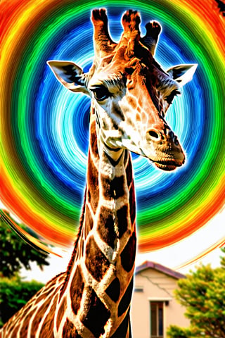 As I trip on acid at the zoo, the giraffe's long neck and throat blend into a psychedelic loop, its fur rippling like a kaleidoscope. The blurry vision warps, as if reality's fabric is unraveling. Colors merge, swirling in a vibrant dance - emerald greens, sapphire blues, and tangerine oranges.