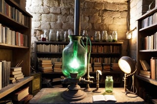 Alchemy lab of mad scientist,alchemical equipment,glass tubes, bubbling liquds, giant glass tubes containing questionable material,machinery,cables, coupling, jars filled with organical pars, mechanical machinery, stone brick floor, green lightning, metal bars, mossy, bookshelves,treasure chests, rats nest, cobweb, torch light, books, clutter, forsaken experiments,