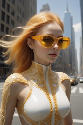 (((iconic,futuristic-sci-fi but extremely a beautiful women, Yellow and white cystal tranparent))),orange modern sun glass,
(((intricate details, masterpiece, best quality)))
(((Wide angle, full body shot, profile view)))
(((dynamic supermodel pose, looking at viewer))) , future city street outdoor dark scene,
by Diane Arbus