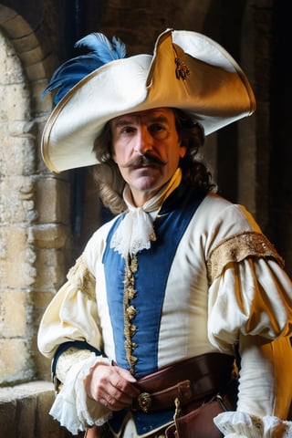 (((Mature man French)))
(((huge and pointed nose, nose deformed:1.5,big proportions)))
(((Cyrano de Bergerac,Play by Edmond Rostand elegant)))(((medieval castle interior big room in darkness, dressed 1700s age style, white lace and embroidery ,sword, wide-brimmed leather hat, feathers, haughty position, show off)))
(((at night,natural light from window)))
(((gold earrings,pearls white,sapphire)))
((( standing, messy hair styles,wearing  medieval outfit,1700's age style)))
(((hasselblad 70mm camera films)))
(((Ultra realistic, masterpiece, high resolution, best quality , photo realistic,full body shot))), 
cinematic moviemaker style,dripping paint,abstact