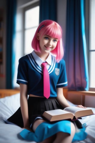 UHD 8K hyper realistic image of a very beautiful, fun and smiling young girl, full body, tall model (medium chest), (skinny waist). (blue eyes), (long hot pink hair). ((schoolgirl uniform with black and blue miniskirt)), (((lying on the bed, on her back, studying a book with the evening light coming through the window)))