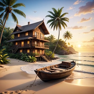 close up angle of, a serene tropical sandy beach, wavy wave, palm trees, beach vaggies, shall and plant, and boat, ((zoom focus on boat)), old simple rustic old wooden house, sunset background, detailed background, surrounded by jungle, insect, detailed focus, deep bokeh, beautiful, dark cosmic background. Visually delightful , 3D, more detail XL,chibi