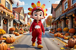 a  3d cartoon boy dressed in (turkey onesie:1.3) walking through a town on Thanksgiving Day, with many autumn leaves, and Thanksgiving decorations,more detail XL