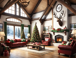 a huge rustic living room with 1 stag's head on the wall, Christmas tree, dynamic angle, more detail XL, SFW, solo, ,anime, anime style