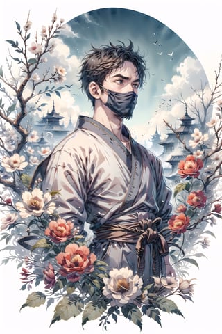 ninja, dojo,close up, outdoors,flower, sky,white background,CrclWc