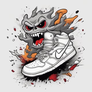 Create a cartoon-style and extremely fun t-shirt print featuring a drawing of a sneaker violently hitting the face of a demon, causing a comic explosion. Use elements like explosion balloons to emphasize the impact and add humor to the scene. The design should be super detailed, with ultra-high definition and a realistic, cinematic style appearance. Let your creativity flow and develop an illustration that guarantees laughs and fun!