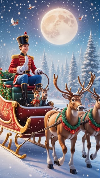 one Handsome young Prince with nutcracker outfits riding a beautiful Sleigh with 4 reindeers flying from the midway toward the garden in 3D Disney pixels with snowy floor , moonlif snow, snow falling scenes,ral-chrcrts