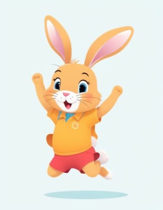 1 cartoon character ilustration, cute rabbit :  a funny impression jump, there is no background image, the background is just pure white,flat design,tolucky