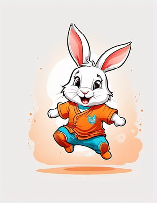1 cartoon character ilustration, cute rabbit :  a funny impression jump, there is no background image, the background is just pure white, simple background, solo, tattoo, tshirt design 