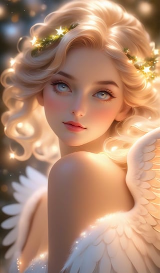 (best quality,4k,8k,highres,masterpiece:1.2),ultra-detailed,(realistic,photorealistic,photo-realistic:1.37),inner glowing shining,girl figure,transparent body,beautiful detailed eyes,beautiful detailed lips,extremely detailed eyes and face,long eyelashes,soft flowing hair,graceful pose,ethereal christmas atmosphere,soft ambient lighting,subtle color grading,sublime beauty,sublime beauty,ethereal christmas  background,captivating aura,magical scene,gentle mist,serene environment,surreal ambiance,impeccable composition,vivid colors,luminous glow,fantasy element,mysterious charm,dreamlike quality,hauntingly beautiful,peaceful expression,serene atmosphere,effortless elegance,enchanting allure,mesmerizing presence,sublime grace, angel with fluffy wings, sweet expression, tenderness transcendent beauty,Star and Sea, tenderness, candid expression, sweet pose