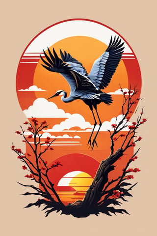 (best quality, 4k, 8k, highres, masterpiece:1.2), ultra-detailed,T-shirt design,illustration, a painting of a crane standing on a branch with a red sun in the background