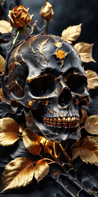 hyper realistic image of a black metal skull, golden cracks, gold glow, shiny, full color, light neon crystal, beautiful bright atmosphere with gold lines,  gold blood vessels, Gold Edged Black Rose, .SLB. 