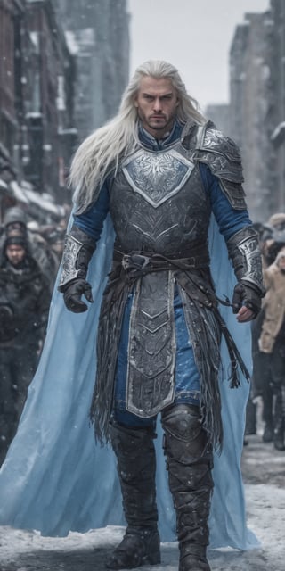 create a hyper realistic image of king of ice walking in city while frozing it in process including humans.white long hair , fierce but calm look on his face , lue eyes , blue cape and and armor.. high_resolution, highly detailed, sharp focus.8k,More Detail,monster,flmngprsn,nhdsrmr,chhdsrmr