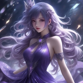 ((masterpiece:1.4)), ((best quality:1.4)), ((ultra_highres)), 8k, 1girl, purple_hair, glitters, super HD, dark, upper_body, purple dress, ultra_detailed, pixiv, trending on danbooru, ((anime style)), niji-5