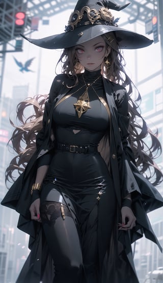 Red eyes, evil, golden, shiny, gold hair,High detailed ,midjourney,perfecteyes,Color magic,urban techwear,hmochako,better witch,witch, witch,Long hair,free style,horror (theme)