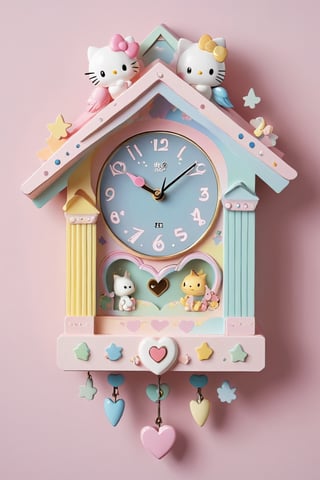 Cuckoo Clock,In a whimsical world reminiscent of Sanrio, a charming cuckoo clock adorns the wall in a delightful design. The clock face, decorated with pastel colors and adorable characters, playfully depicts Hello Kitty, My Melody, and other Sanrio friends. Instead of numbers, small hearts and stars mark the time, adding sweetness to each passing moment. The hands of the clock, shaped like a miniature rainbow, gracefully cross the dial to the gentle cooing of a dove. At every hour of the hour,kawaiitech