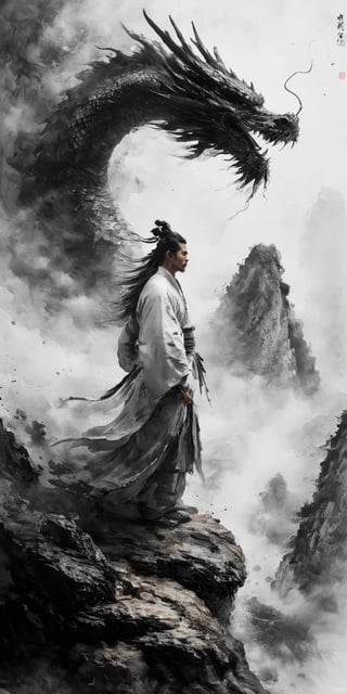 masterpiece, best quality, concept_dragon photo, (1man), 22 y.o., long floating white hairs, action pose, hanfu fashion, chinese dragon, eastern dragon, white theme, volumetric lighting, ultra-high quality, photorealistic, rock mountain background, chinese watercolor painting
