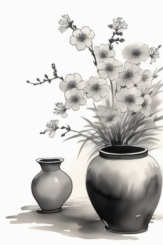 Japanese Ink Drawing medium close up pot with flowers , ink drawing, inkwash, Japanese Ink Drawing