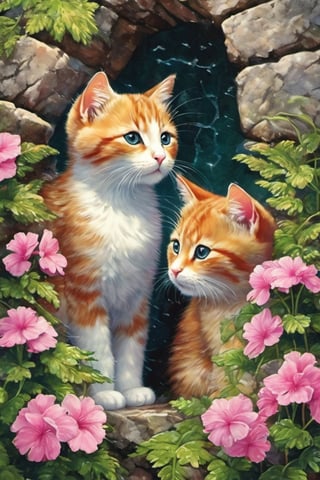 Two little cats open a hole in a mossy stone wall, while the rain continues to fall,

very detailed texture, of great pictorial beauty,

pastel colors, sun and shadows,

photorealistic,

small pink flowers little fern leaves artistic fantasy with painterly texture,

of great beauty and tenderness