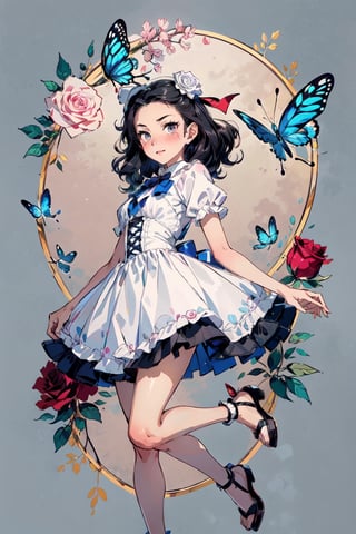 Fujio Fujiko style in Doraemon, (Gray eyes, black hair, medium hair, wavy hair, small breasts, 1girl), full body, blushing,alice in wonderland,butterfly, feather, roses, laces, ribbons, pink dress, fluffy,Ani_Uni,SGBB,Nice legs and hot body