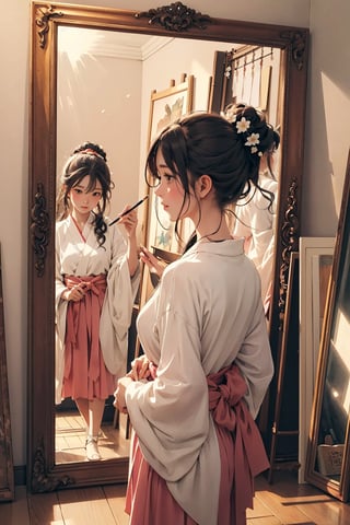 A girl is in an art studio, looking at a mirror, sketching her self-portrait. A masterpiece with a delicate artistic style. Illustrated in a watercolor style.masterpiece, nijistyle, niji,sciamano240, soft shading, yukina, popular fashion.