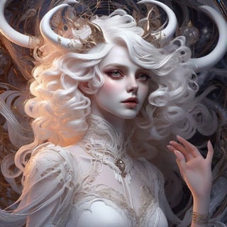 Heavenly daemonic, albino demon girl with lethargic sleepy smokey eyes, white curls , insect eyes, antenna , mesh fishnet blouse, (long intricate horns)  best quality, highest quality, extremely detailed CG unity 8k wallpaper, detailed and intricate, anna dittman, ivan bilbin,Decora_SWstyle