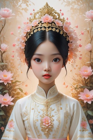 {{full_body}}, {{{straight on to viewer}}}, Oil painting of a beautiful 16 year old thai girl with perfect skin,  wearing a white traditional thai dress, upper body, huge eyes, super small nose and mouth, pale pink lips, extra long straight black hair, medium breasts, cleavage, soft color, dreamlike, surrealism, plain graduated pale background, intricate details, 3D rendering, octane rendering. Art in pop surrealism lowbrow creepy cute style. Inspired by Ray Caesar. Vintage art, {{{delicate floral background}}}, opaque colors, light grain, indirect lighting.