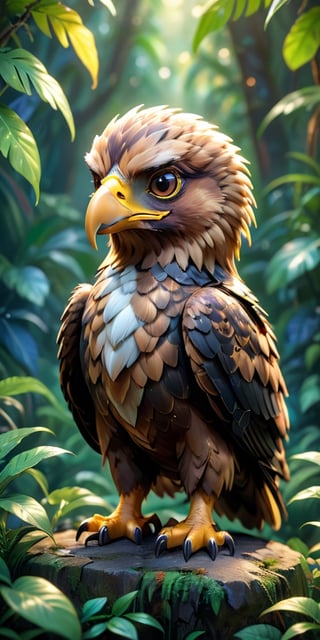 close up angle of, , ((),(3d Golden Eagle )) surrounded by jungle( )  ,animal, detailed focus, deep bokeh, beautiful, , dark cosmic background. Visually delightful , 3D,more detail XL,chibi,Rainbow kitten 