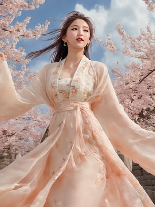 1girl, solo, hair ornament, bug, braid, jewelry, long hair, white hair, flower, earrings, long sleeves, dress, cloud of surrounding, building from afar, 
((((((see-through dress)))))), daxiushan for the upper half of the body, lower body nude,

long white legs showing from the skirt, showing all the way to the waist, slit skirt revealing long legs, sexy legs, white legs, exposing many areas of the legs from ankles to abdomen, expose one breast, expose most of the nipple, Do not wear underwear, show her groin, show her long legs to the groin, (((((((nude body, show pubis, show navel, show waist, show chest, show right breast,  ))))))),

ornament, chakra, (( beautiful eyes )), full_body, small flowers in the hair, (((korean face female))),
,mythical clouds, realistic, ,xxmixgirl,3d figure,korean girl,3d style,
cinematic film still (Raw Photo:1.3) of (Ultrarealistic:1.3), different posture, up arms, ((arms up)), rainbow, in old used 1800 peasant clothing, crazy mad aggressive face and eyes, fantasy, concept art,NYFlowerGirl, arms up, tropical rain, jump up, hands touch softly you face, close up, Small cherry blossoms flew everywhere, the wind blew away the girl's clothes,