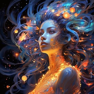 In a mesmerizing digital painting,  a celestial female alien emerges,  radiating vibrant bioluminescent hues against the dark expanse of space. Its otherworldly form is a symphony of iridescent colors,  with scales that shimmer like precious gems and intricate patterns that seem to dance with life. Luminescent tendrils extend from its body,  illuminating its surroundings with an ethereal glow. The image captures every intricate detail of this vivacious creature,  showcasing its celestial beauty in stunning high-definition