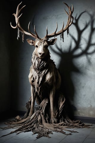 The hunting trophy displays the decaying remains of a majestic stag, its antlers once proud and formidable now weathered and worn. Time has cast a shadow over the once-imposing figure, leaving a haunting beauty in its decomposition. The desolation of the hunting trophy evokes a sense of melancholy, a silent testimony to the passage of time and the ephemeral nature of life.,zkeleton
