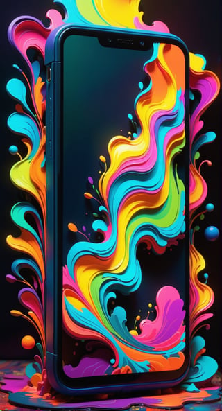 (((Vibrant))) abstract picture, 2D flat ornate sketch, psychedelic, ornates, ornates, ornates, popup art, a cell phone laying, silhouette, full covered neon multicolor paint, painted, dynamic holand angle