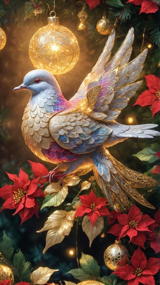 Create a intricately detailed christmas dove, Christmas vibe, golden hour,  lit from behind,  ultradetailed ultrarealistic,  gleaming, work of beauty complexity and complexity,  close-up,  chrismascore,  ,christmas,ColorART,  poinsettia flowers cascading,  christmas ornaments ,colorful