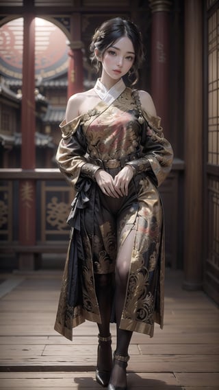 (Extremely detailed CG unified 8k wallpaper), ANCIENT_CHINESE_CASTLE_GARDEN_BACKGROUND, (((Masterpiece))), (((Best Quality))), ((Super Detailed)), (Best Illustration), (Best Shading), ( (Extremely exquisite and beautiful)), embodying the charm of ancient princesses, exuding beauty, sexiness and charm, with natural medium breasts. Mesmerizing eyes convey mystery and seduction. Elegant and charming, with a slender figure and full of mystery. Off the shoulders, low cut. Ancient fantasy royal kebaya decorated with intricate patterns or ornate details. Seductive and elegant pose, beautyniji