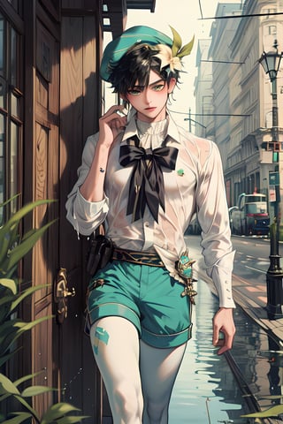 (masterpiece, best quality:1.2), (1boy), short ventidef ,   
green shorts,  white pantyhose, jewelry, brooch,ventidef, beret, hat flower, boner, wet white shirt, , 