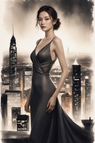 xxmix_girl,Elegant graphite sketch of a woman in a sleek, modern evening gown, silhouette bathed in soft city lights, backdrop of an urban skyline, the juxtaposition of classic grace and contemporary charm, portrait of a woman, graininess,smile,cold,dark theme,exposure,naked
