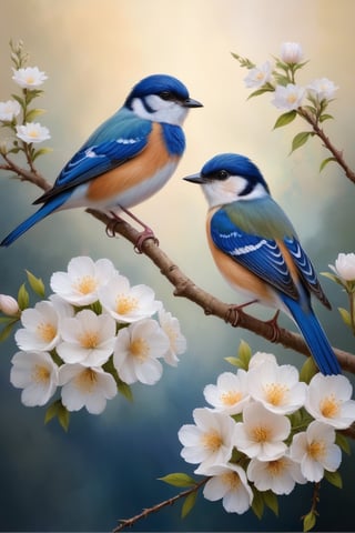 A captivating oil painting of two birds perched closely on a branch, surrounded by delicate, small white flowers. The birds are intricately detailed, with their feathers shimmering subtly in the soft sunlight. The flowers are beautifully rendered, and their subtle hues complement the rich colors of the birds' feathers. The background is a soothing dark blue gradient, allowing the focus to remain on the birds and flowers. The overall mood of the painting is tranquil and serene, evoking a sense of peace and harmony.