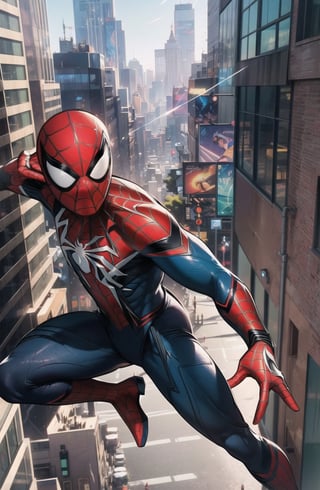 ((Masterpiece in maximum 16K resolution, art style inspired by Spider-Man comics, with a realistic touch and dynamic 3D.):1.2) | A vibrant, action-packed scene featuring Spider-Man swinging between the skyscrapers of New York. He is in a dynamic pose, with the spider web shining in the sunlight. | The composition is in the foreground with Spider-Man in the center, and New York City in the background. | The effect is fast-moving, with sweeping lines and motion blur, highlighting Spider-Man's speed and agility. | Advertising poster for the film 'Spider-Man'. | ((perfect_pose, perfect_anatomy, perfect_body)), ((perfect_finger, perfect_fingers, perfect_hand, perfect_hands, better_hands):1.1), ((More Detail, ultra_detailed, Enhance))