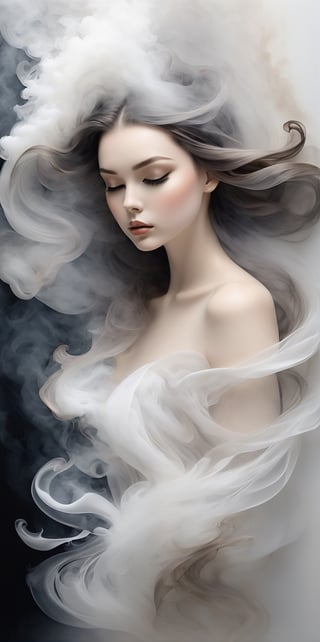 smoke sculpture portrait of a woman ( Lana Rhoades face) , in the style of flowing fabrics, delicate ink washes, dance, juliana nan, clear and crisp, mandy disher, movement and spontaneity captured