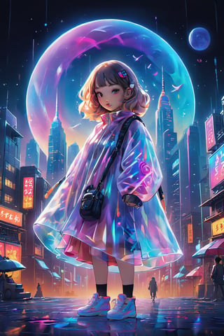 A stunning cinematic, psychedelic artwork featuring a futuristic Manhattan skyline with vibrant colors and a retro-futuristic vibe. The cityscape is filled with art deco and neon-lit buildings, while the sky is filled with a swirling kaleidoscope of colors. The foreground showcases a glamorous woman with large, detailed eyes and a vintage hairstyle, surrounded by graffiti and fashionable elements. The overall atmosphere is a blend of surrealism, dark fantasy, and anime influences, creating an immersive and captivating visual experience., product, graffiti, illustration, wildlife photography, anime, vibrant, conceptual art, 3d render, architecture, cinematic, portrait photography, painting, photo, dark fantasy, fashion, ukiyo-e, poster
